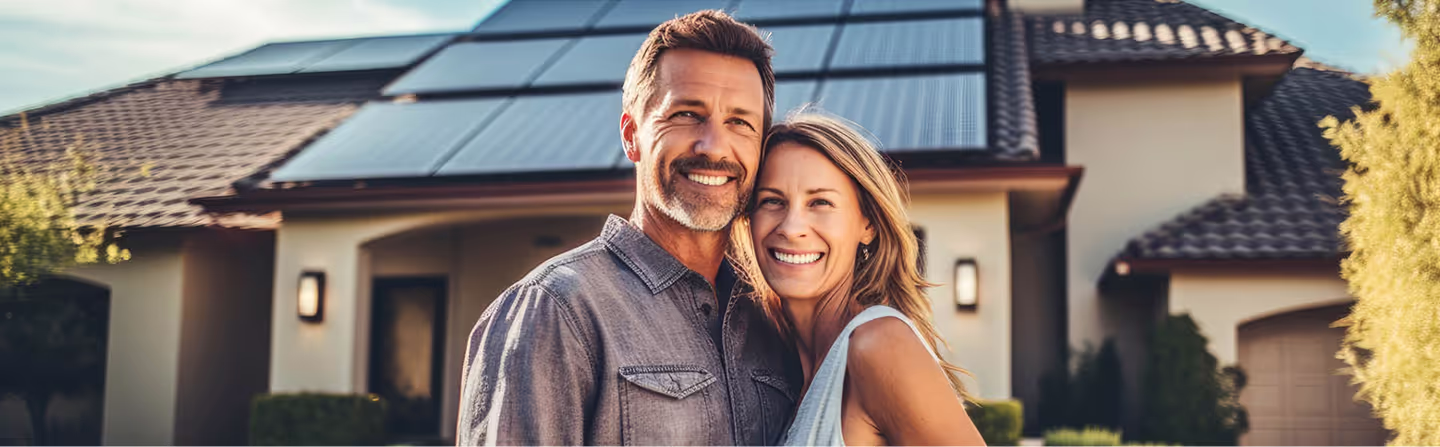Lächelndes Paar vor Ihrem Haus mit PV-Anlage