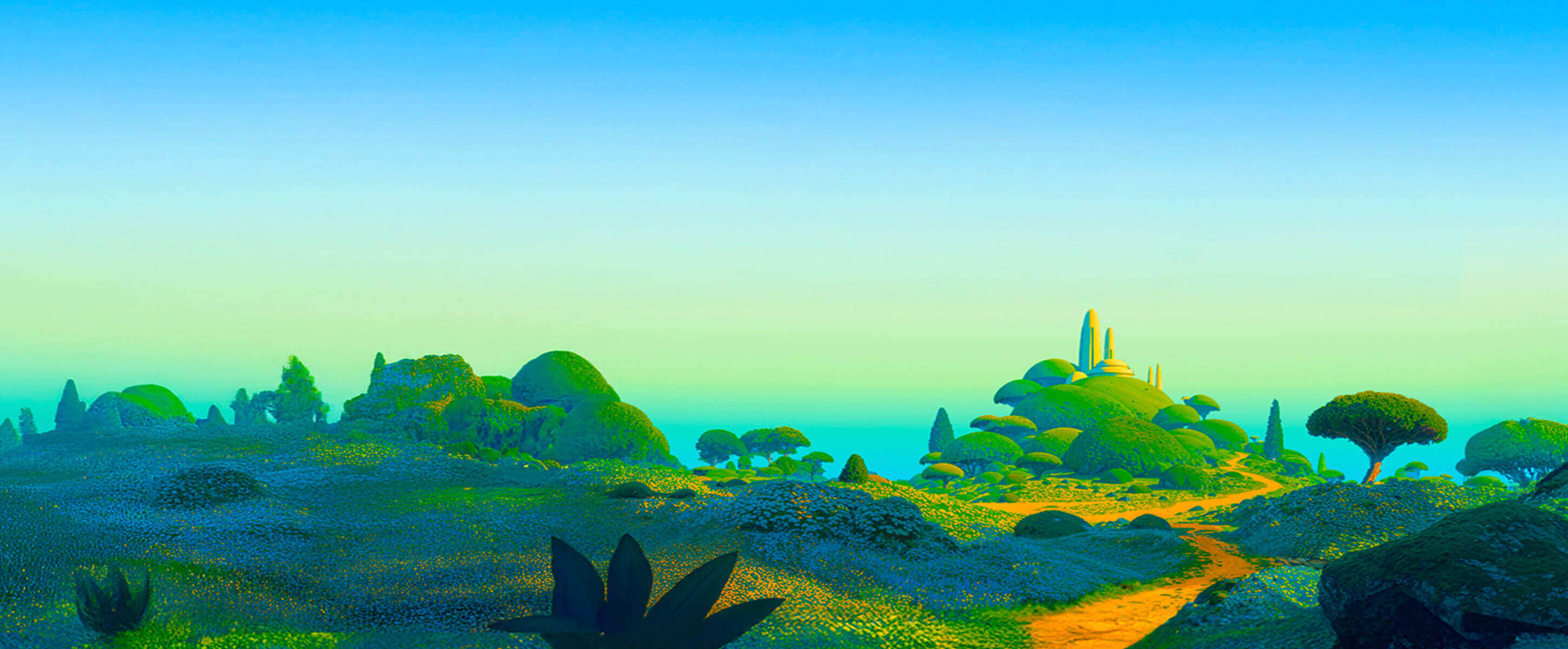 Stylized landscape with rolling hills, trees, and a distant tower