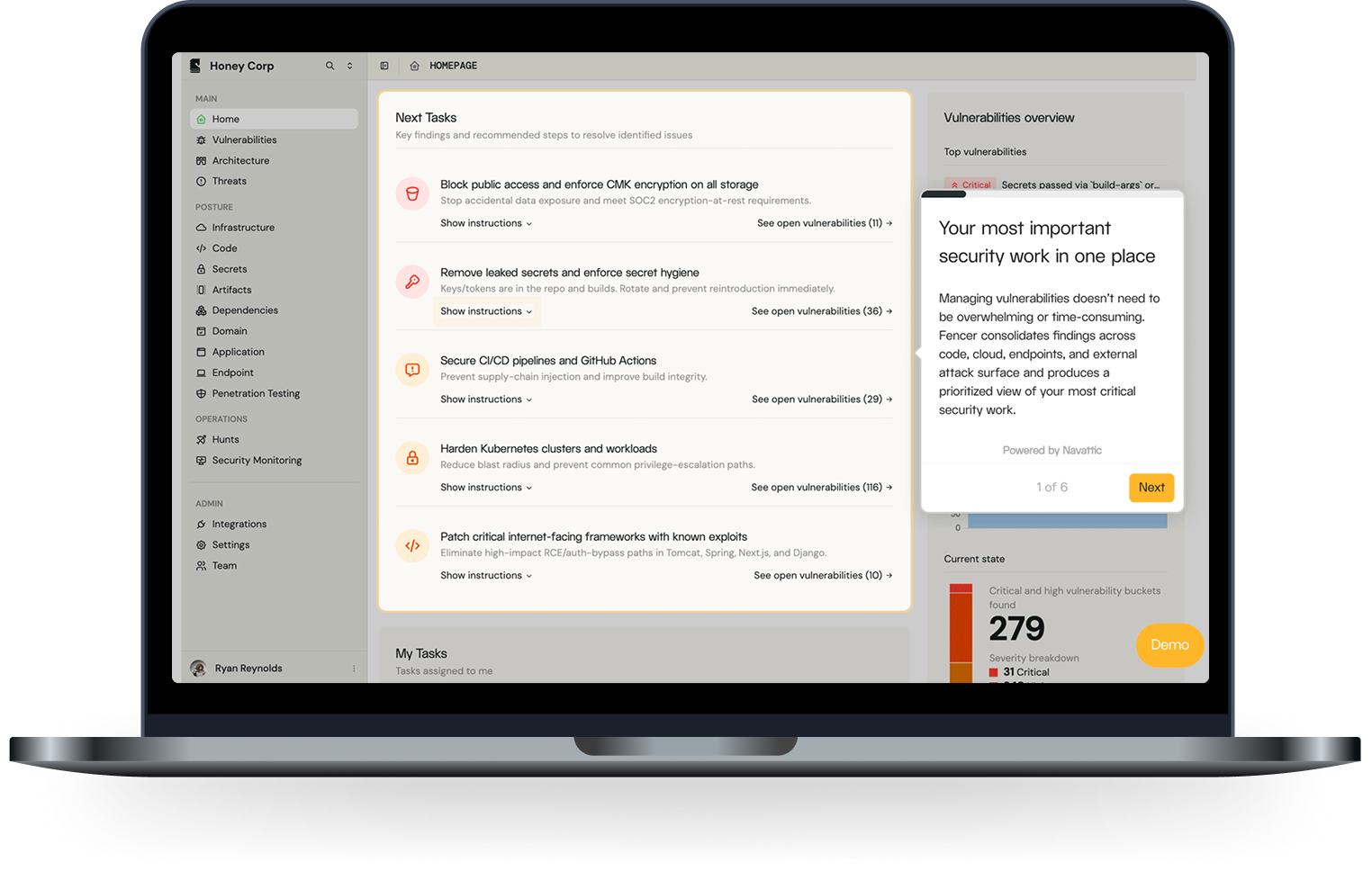 The Fencer dashboard showing prioritized security findings and tasks