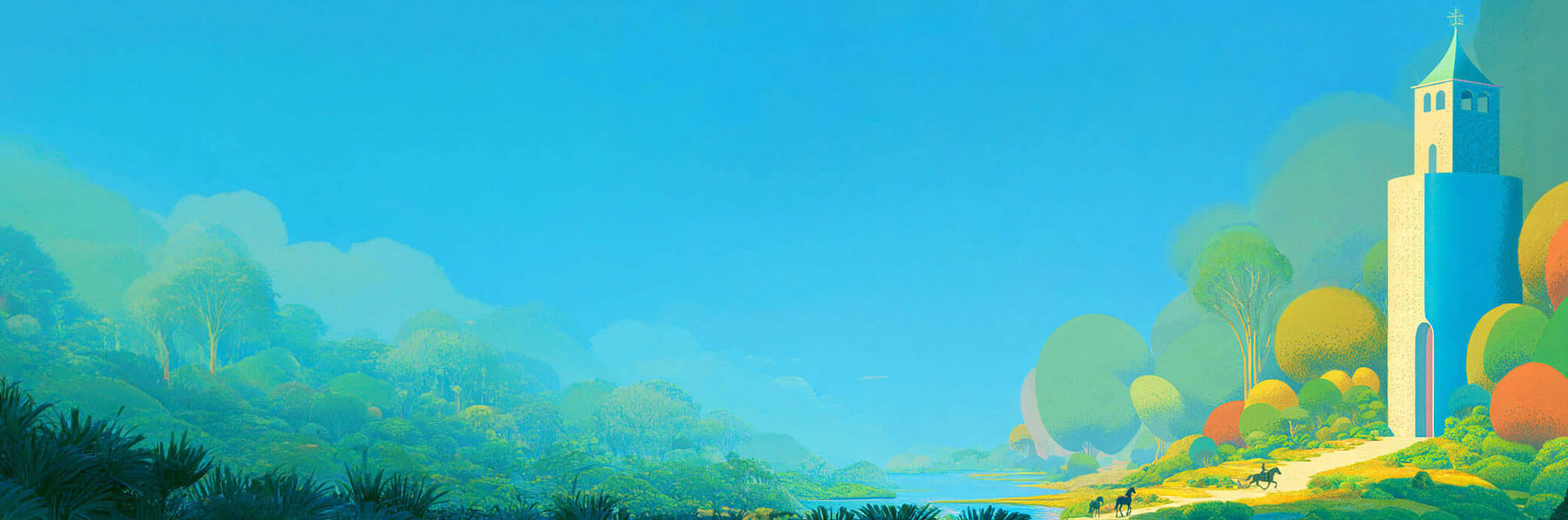 Stylized landscape with rolling hills, trees, and a distant tower