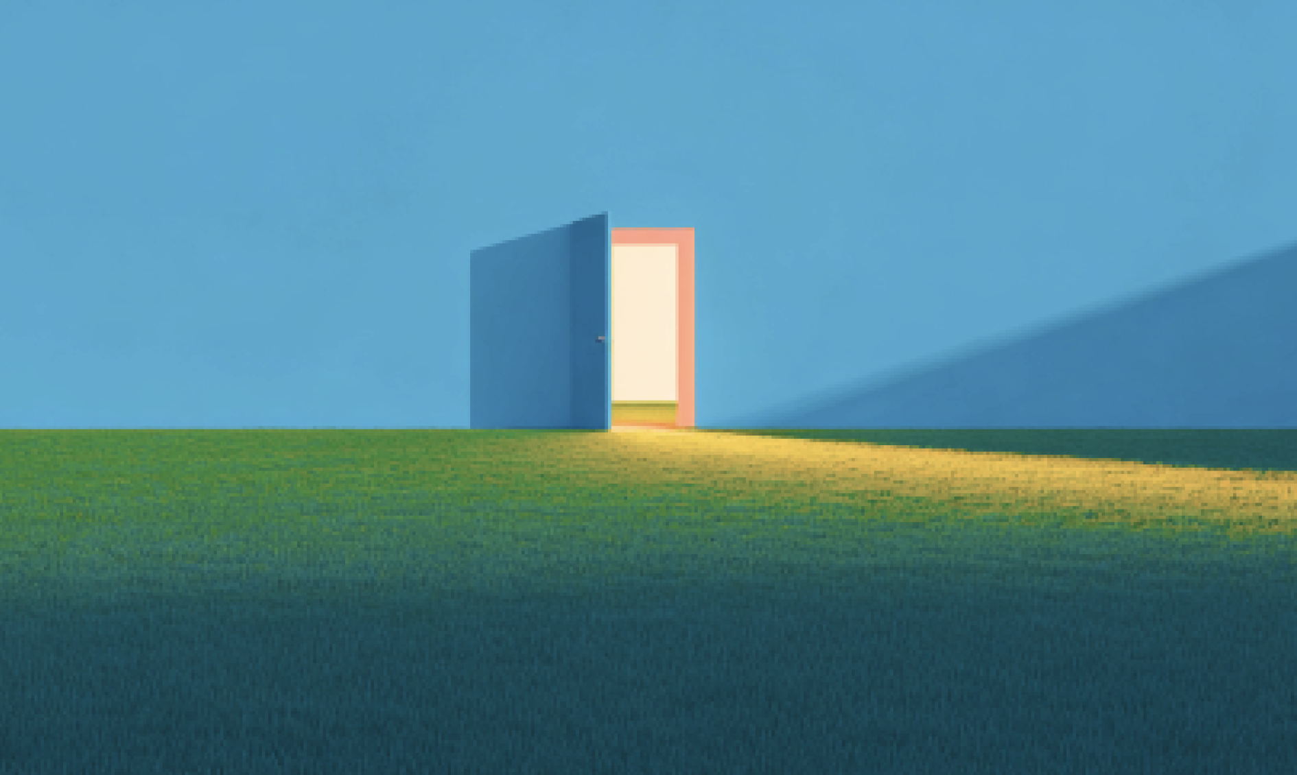 An open door standing alone in a field.