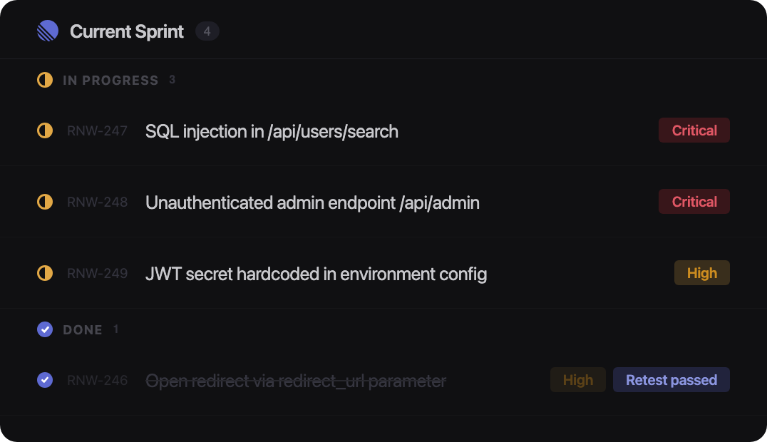 Fencer pen test findings synced to Linear as sprint issues