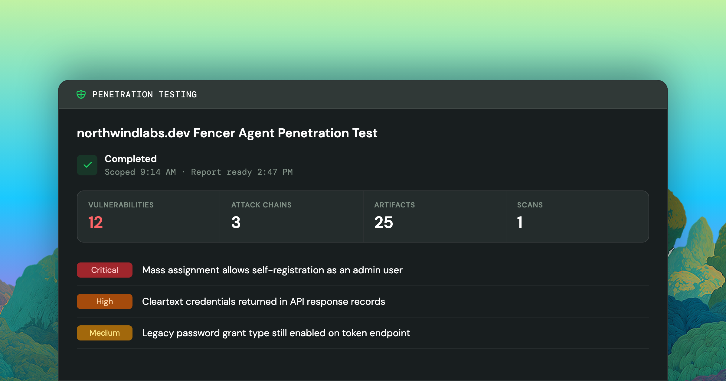 A Fencer penetration test run summary rising into frame over an illustrated landscape