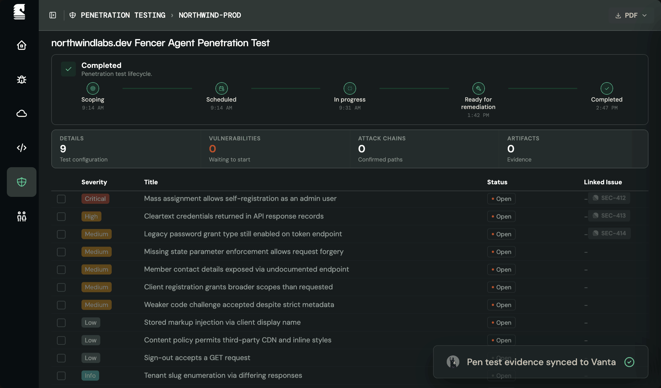 A Fencer pen test running end to end: the lifecycle moves from scoping to completed, findings arrive, a critical finding opens to show its proof, three findings sync to Linear, and the evidence lands in Vanta