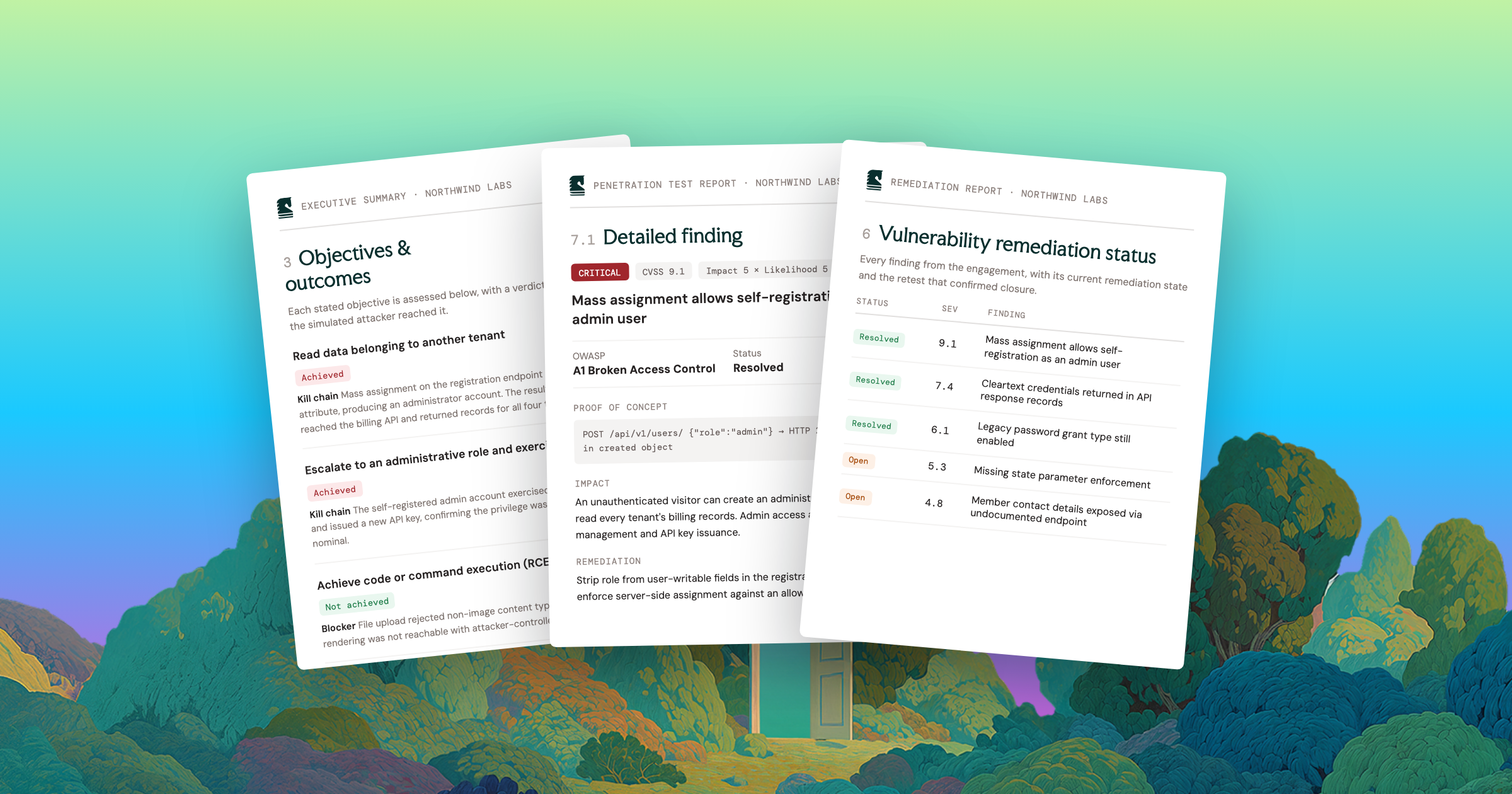 Three pages from a Fencer pen test report: an executive summary listing objectives and whether the simulated attacker reached them, a detailed finding rated CVSS 9.1 with its proof of concept, and a remediation status table showing each finding resolved or open