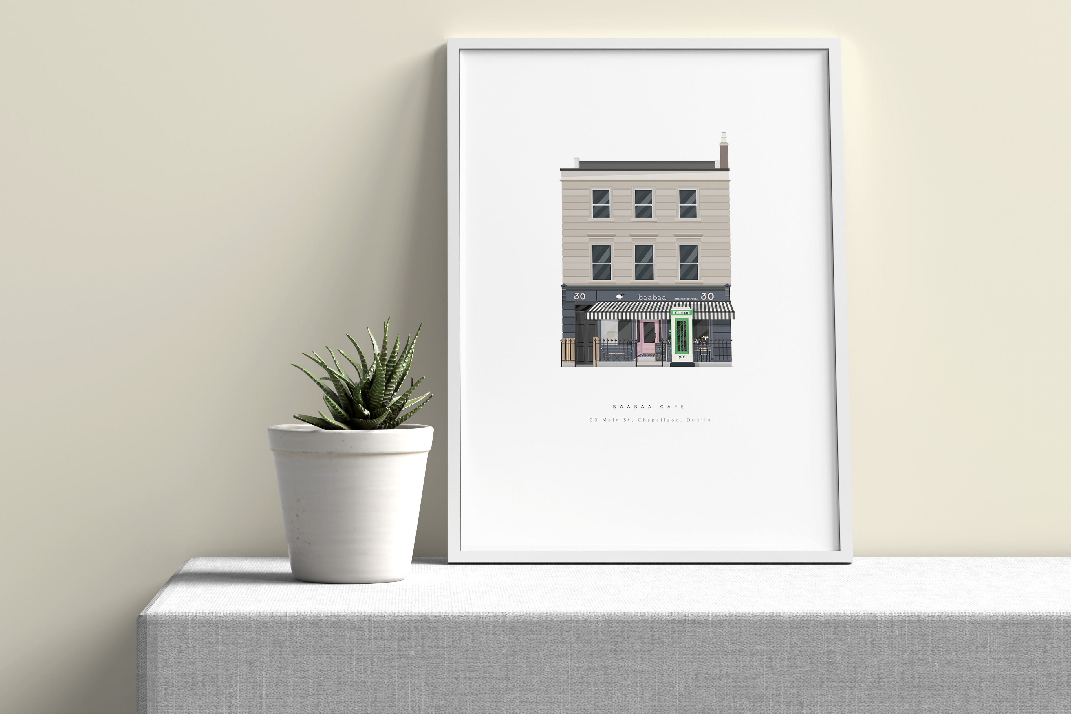 Illustration print of Baabaa Cafe in Chapelizod Dublin by Monument Illustration in setting