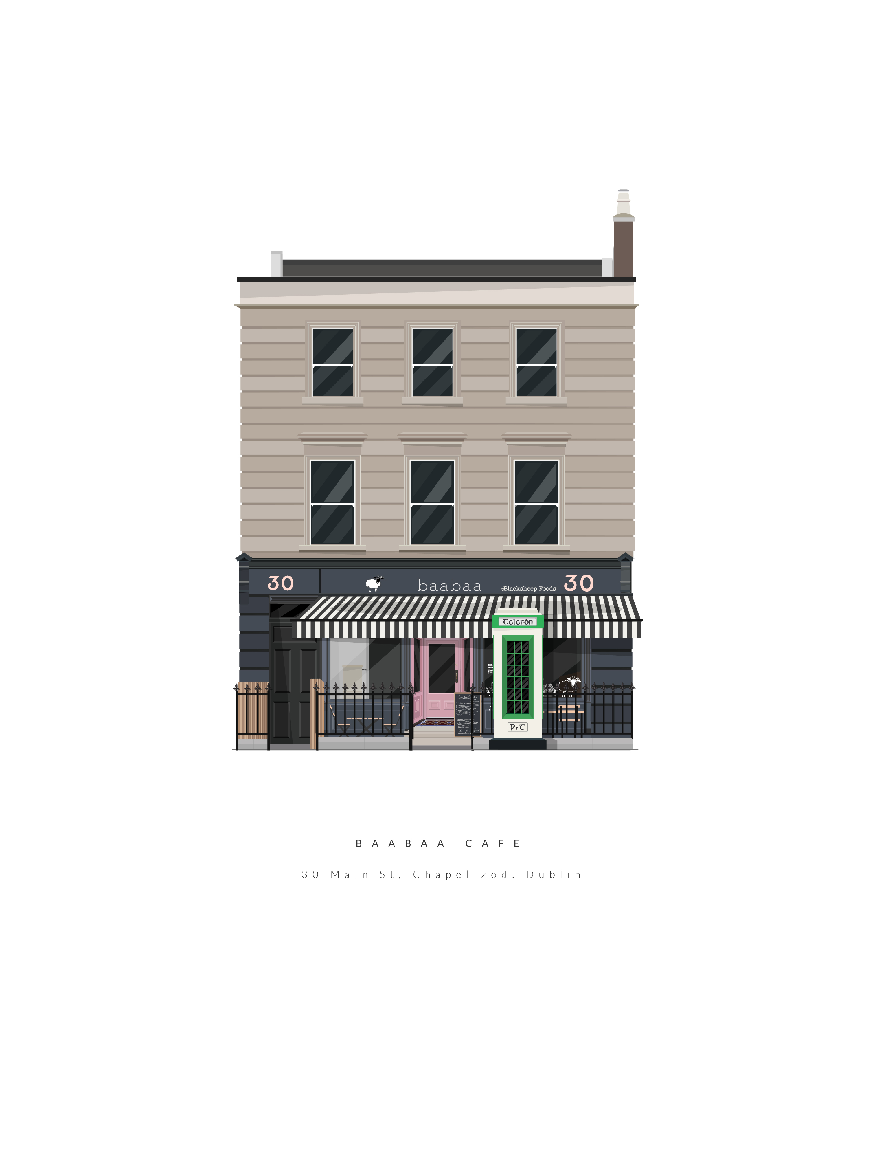 Illustration print of Baabaa Cafe in Chapelizod Dublin by Monument Illustration Just art