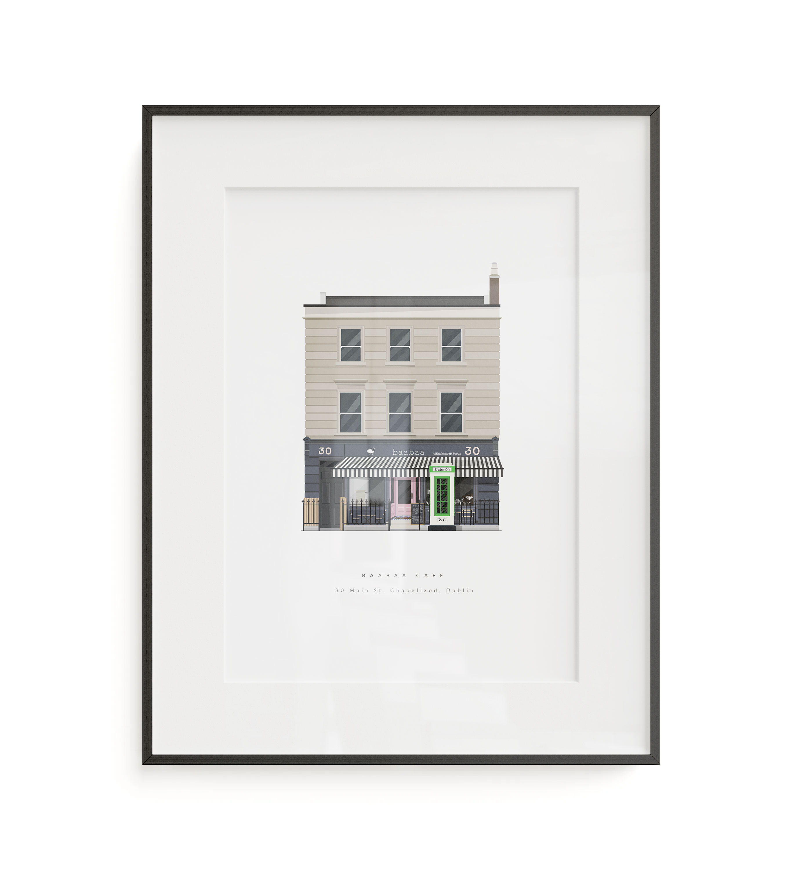 A custom illustrated print of Baabaa Café in Chapelizod, Dublin. Created to capture the feeling and character of one of the area’s most recognisable local spots, this piece focuses on the architectural details, atmosphere, and emotional familiarity tied to the place. Printed using archival-quality materials and available framed or unframed in A4 and A3.