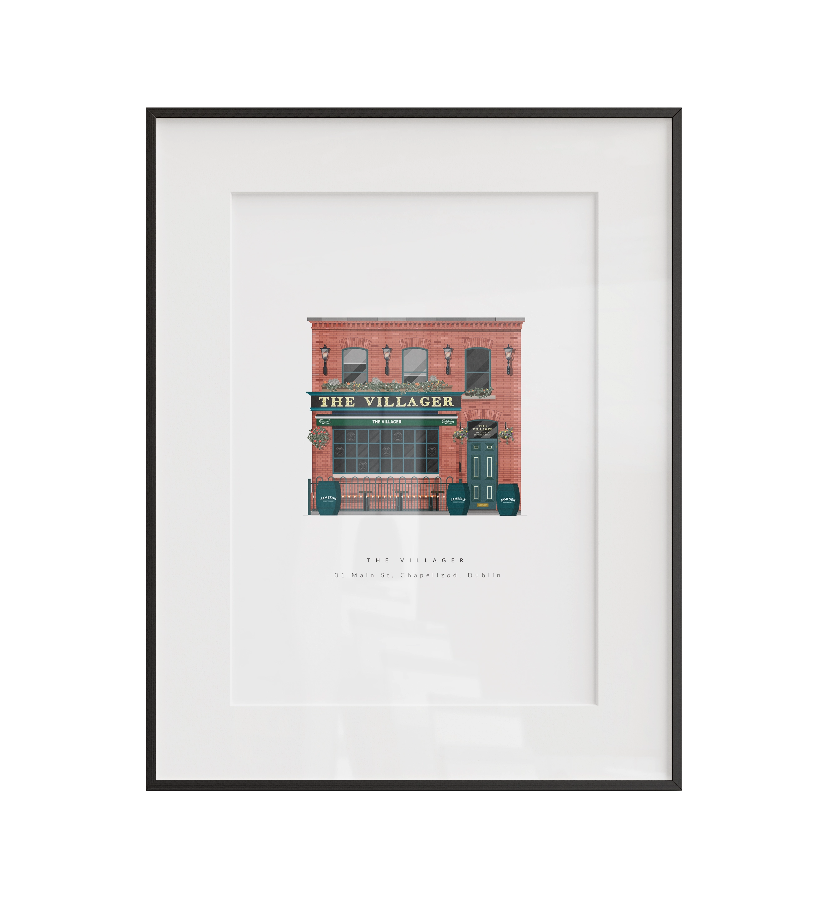 A custom illustrated print of The Villager in Chapelizod, Dublin. Created to capture the character and atmosphere of one of Chapelizod's best-known local pubs, this piece focuses on the architectural details and familiar presence that make the building part of the area's identity. Printed using archival-quality materials and available framed or unframed in A4 and A3.