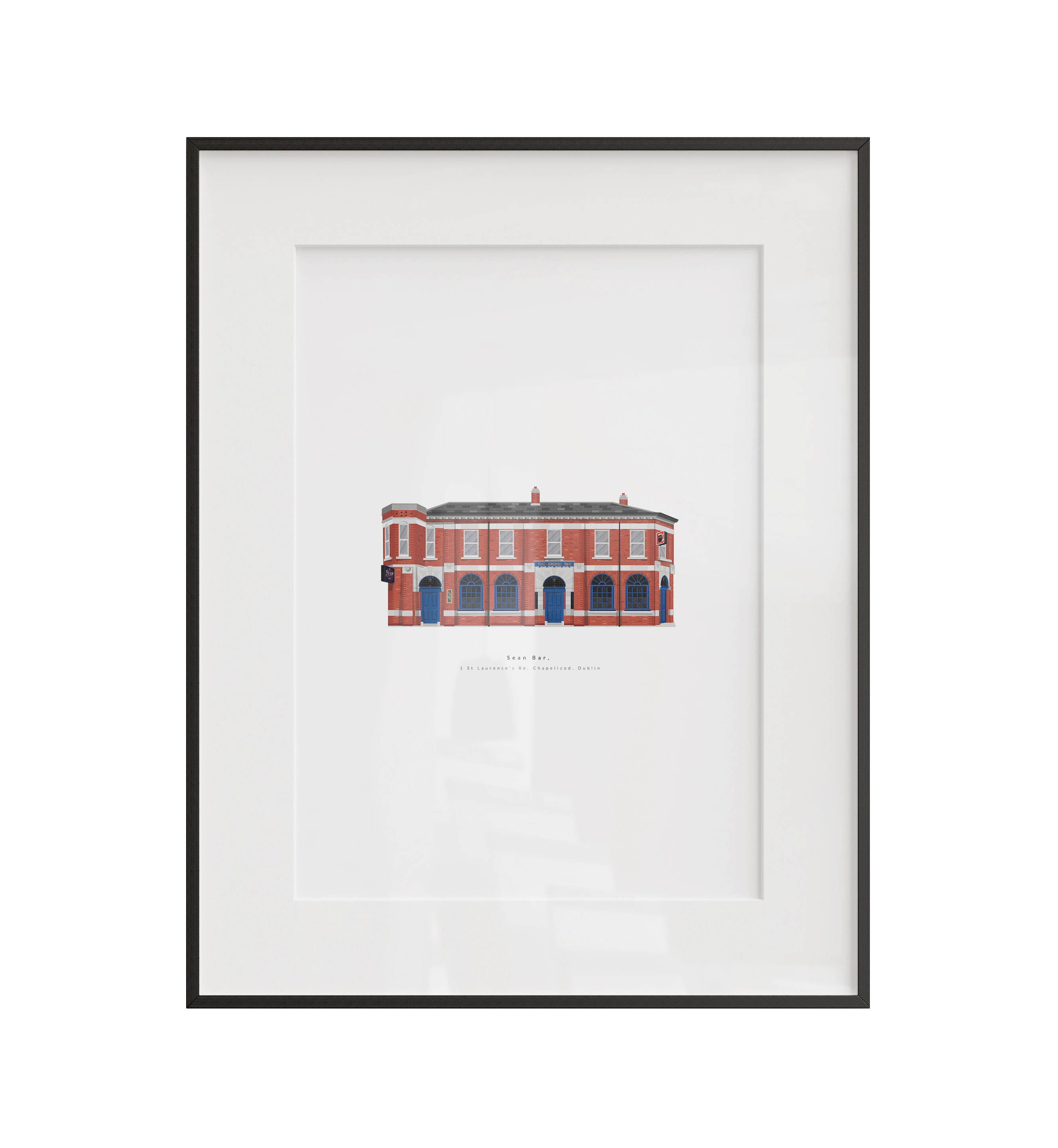 A custom illustrated print of Sean's Bar in Chapelizod, Dublin. Created to capture the character and atmosphere of one of Chapelizod's most recognisable pubs, this piece celebrates the building's distinctive architecture and long-standing place at the heart of the village. Every detail has been carefully illustrated to preserve the feeling of a place that has welcomed generations of locals and visitors alike. Printed using archival-quality materials and available framed or unframed in A4 and A3.