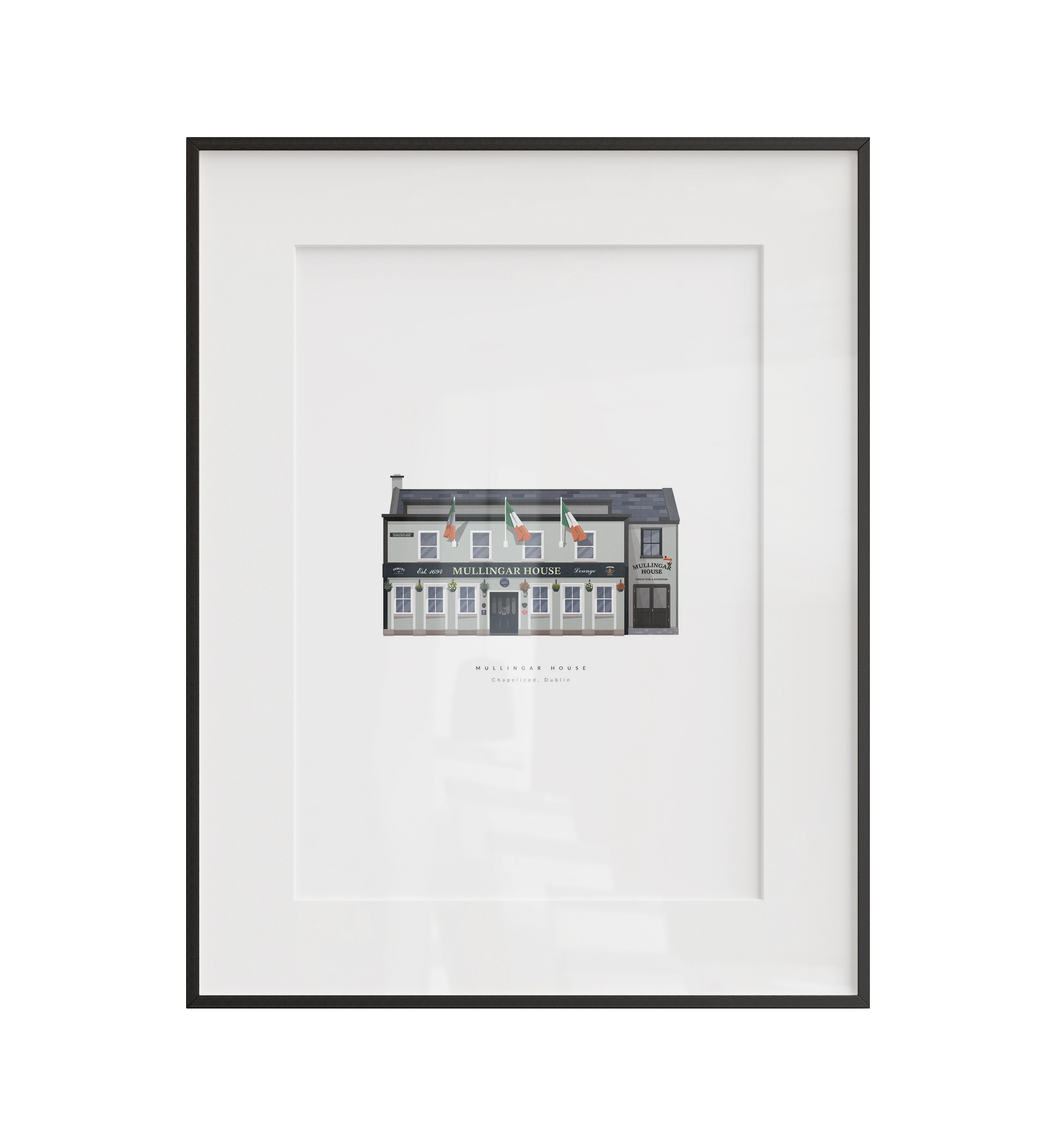 A custom illustrated print of Mullingar House in Chapelizod, Dublin. Created to capture the character and atmosphere of one of Chapelizod's most recognisable landmarks, this piece celebrates the building's distinctive architecture and enduring presence within the village. Printed using archival-quality materials and available framed or unframed in A4 and A3.
