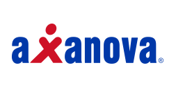 Das Firmenlogo von Axanova in Blau und Rot mit Punkt am Ende.
