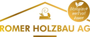 Logo von Romer Holzbau AG mit Hausdach und Text ökologisch wertvoll bauen.