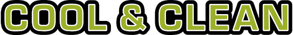Text 'COOL & CLEAN' in bold green letters with black and white outline on white background.