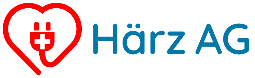 Logo von Härz AG mit rotem Herz und elektrischem Stecker mit weißem Kreuz im Herz.