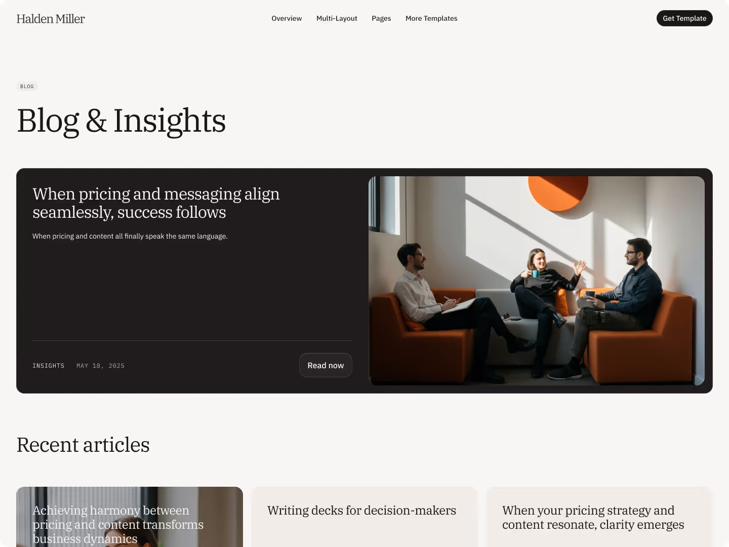 Blog page layout showing list of articles with images and preview text in light theme.