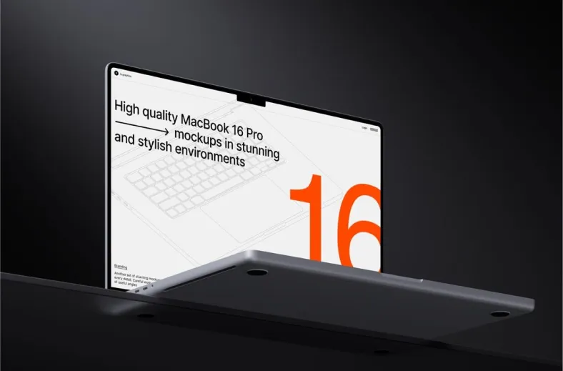 Open MacBook 16 Pro laptop showing a screen with text about high quality mockups and a large orange number 16 on a dark background.