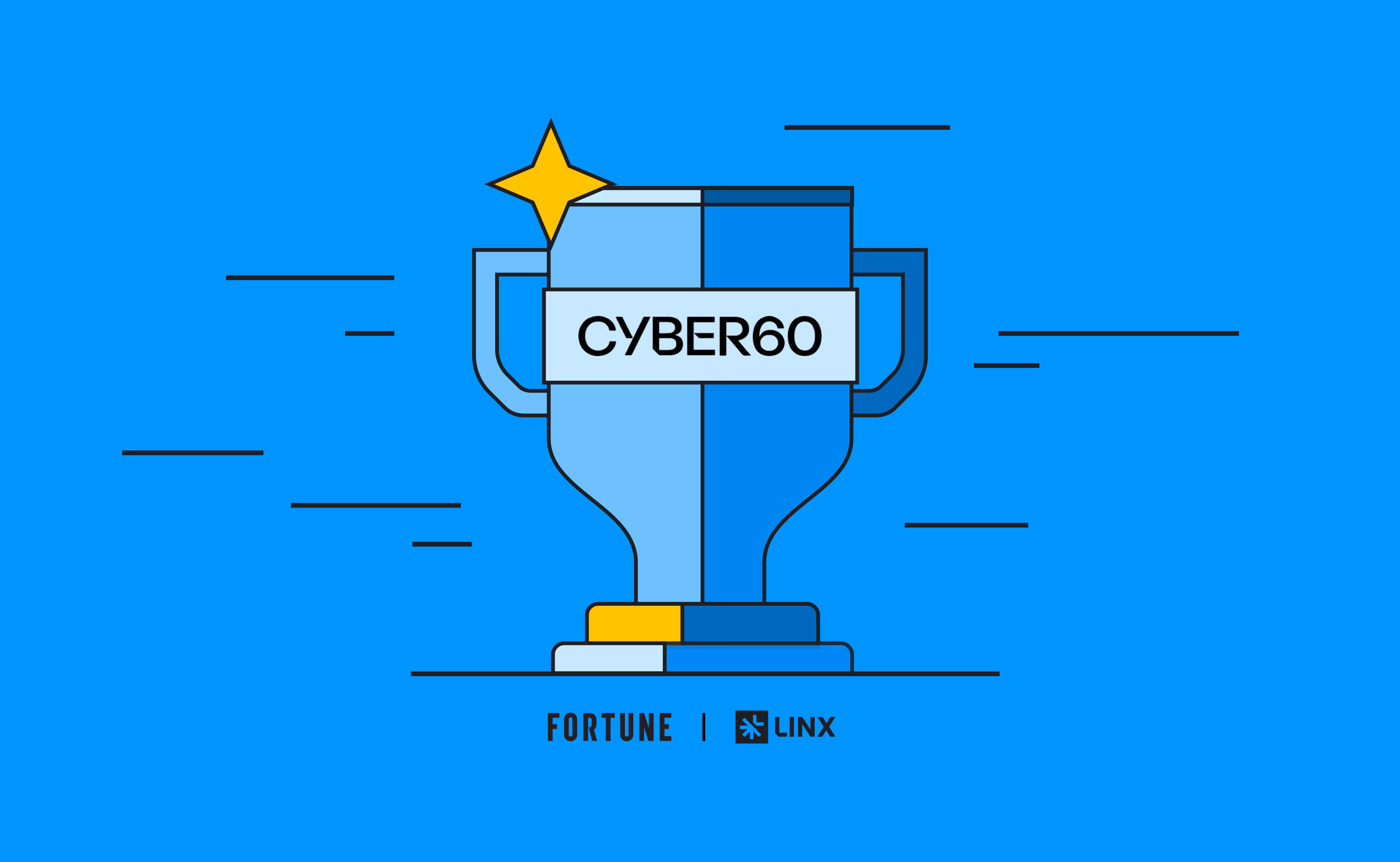 Cyber60 award trophy graphic. Split blue and yellow design with Fortune and Linux logos at the base.