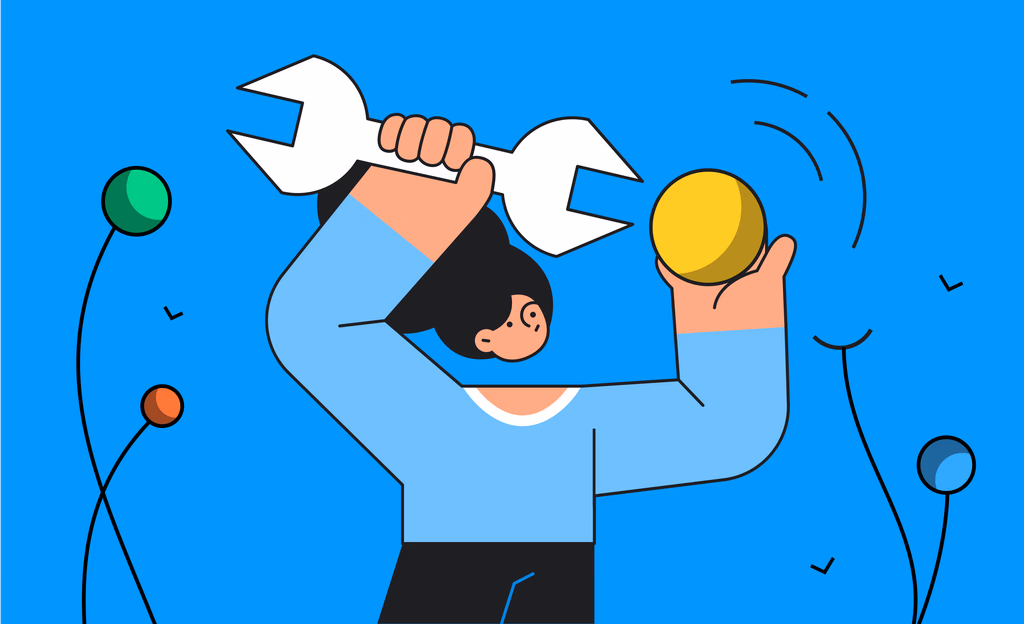 Person holding a wrench and a yellow sphere, against a blue background with abstract plants. Illustration of problem-solving or maintenance.