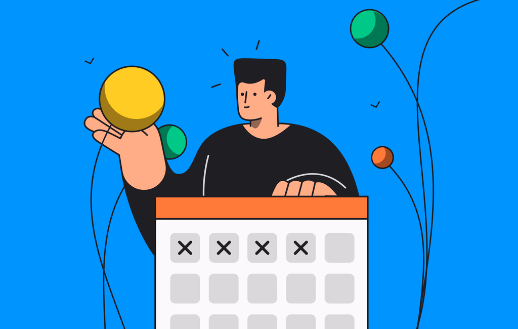 Person planning schedule, holding a yellow circle and looking at a calendar with several days marked with an "X".