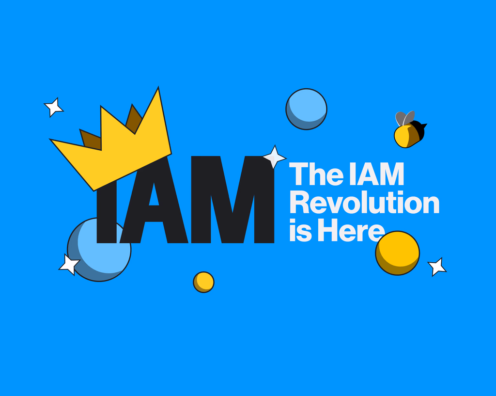 Graphic announcing "The IAM Revolution is Here," featuring a crown, stylized "IAM" text, and bee imagery on a blue background.