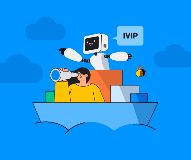 A cartoonish scene of a person on a boat with a robot, surrounded by blocks and clouds against a blue background.