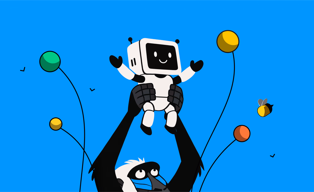 A friendly black and white creature joyfully tosses a small, happy robot baby into the air against a bright blue background. Colorful balloons float nearby.