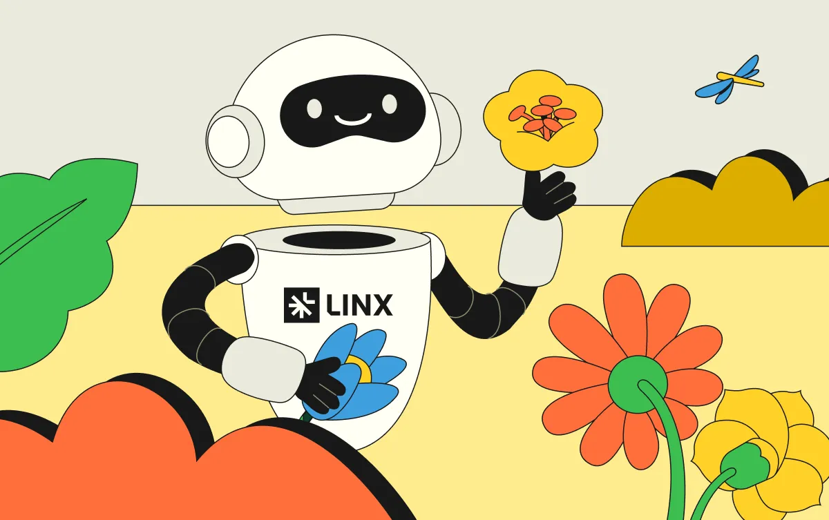 Happy robot juggling colorful balls against a blue background. A bee and colorful flowers are also present.