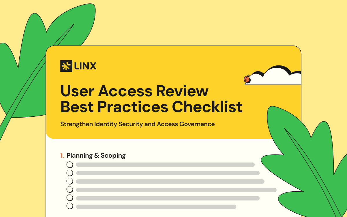Illustration of a clipboard with a checklist, surrounded by large leaves and a yellow flower on a yellow background. Title reads 'User Access Review Best Practices Checklist'.