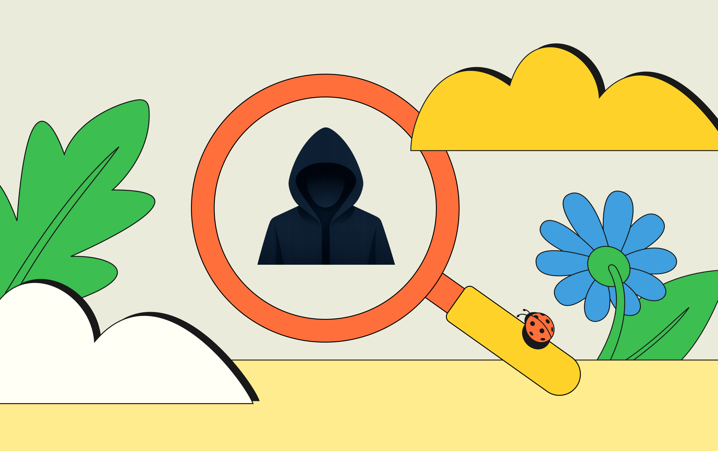 A magnifying glass finds a hacker and zooms in.
