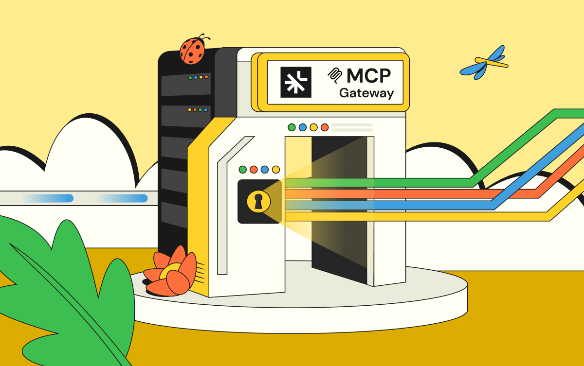 The Linx MCP Gateway controlling lines of traffic as they come through, in a space with clouds, servers, and bugs.