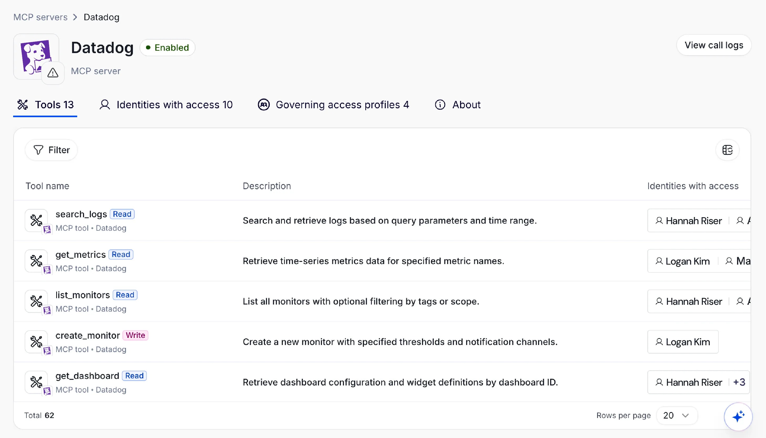 Linx view of a Datadog MCP server listing its tools, read or write permissions, and identities with access