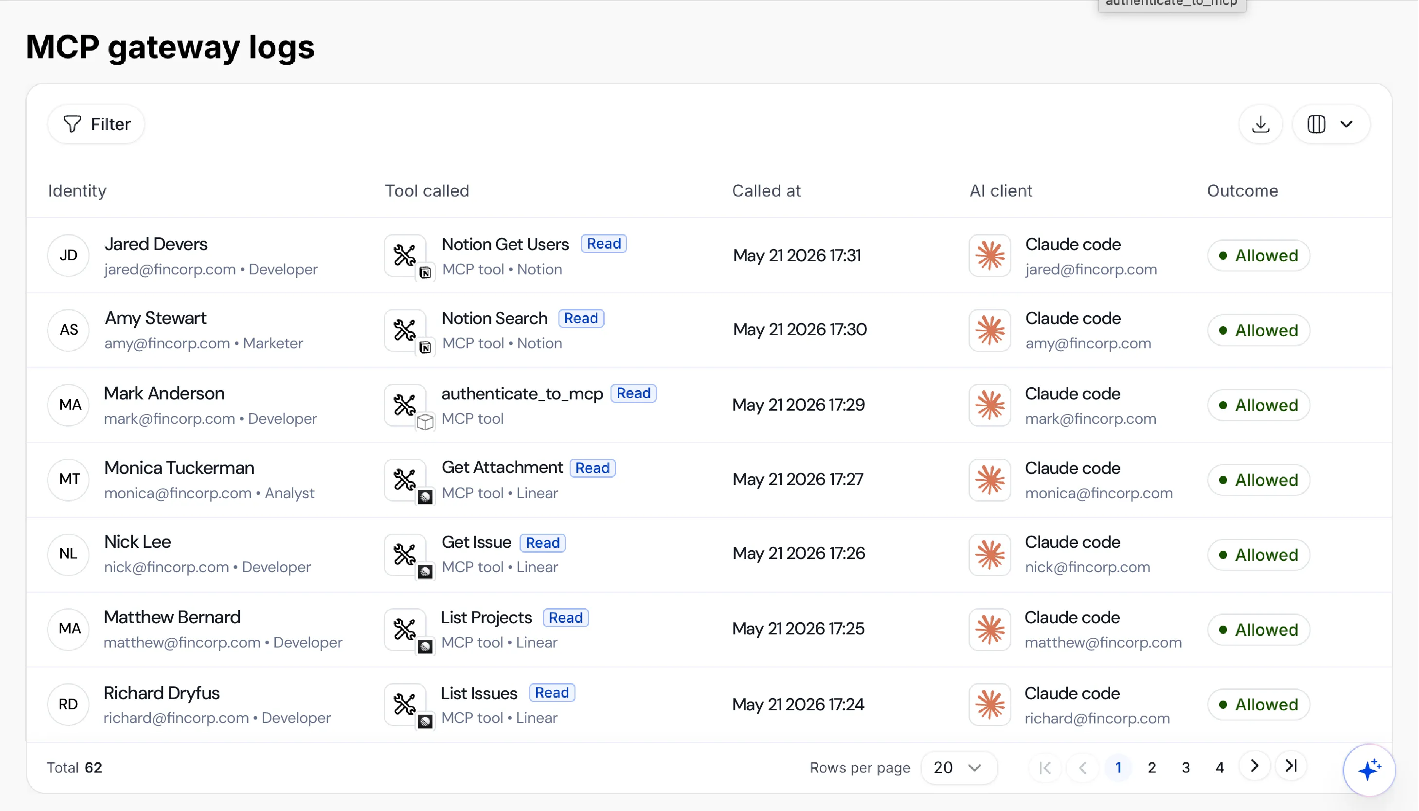 Linx MCP gateway logs showing each tool call by identity, AI client, and outcome