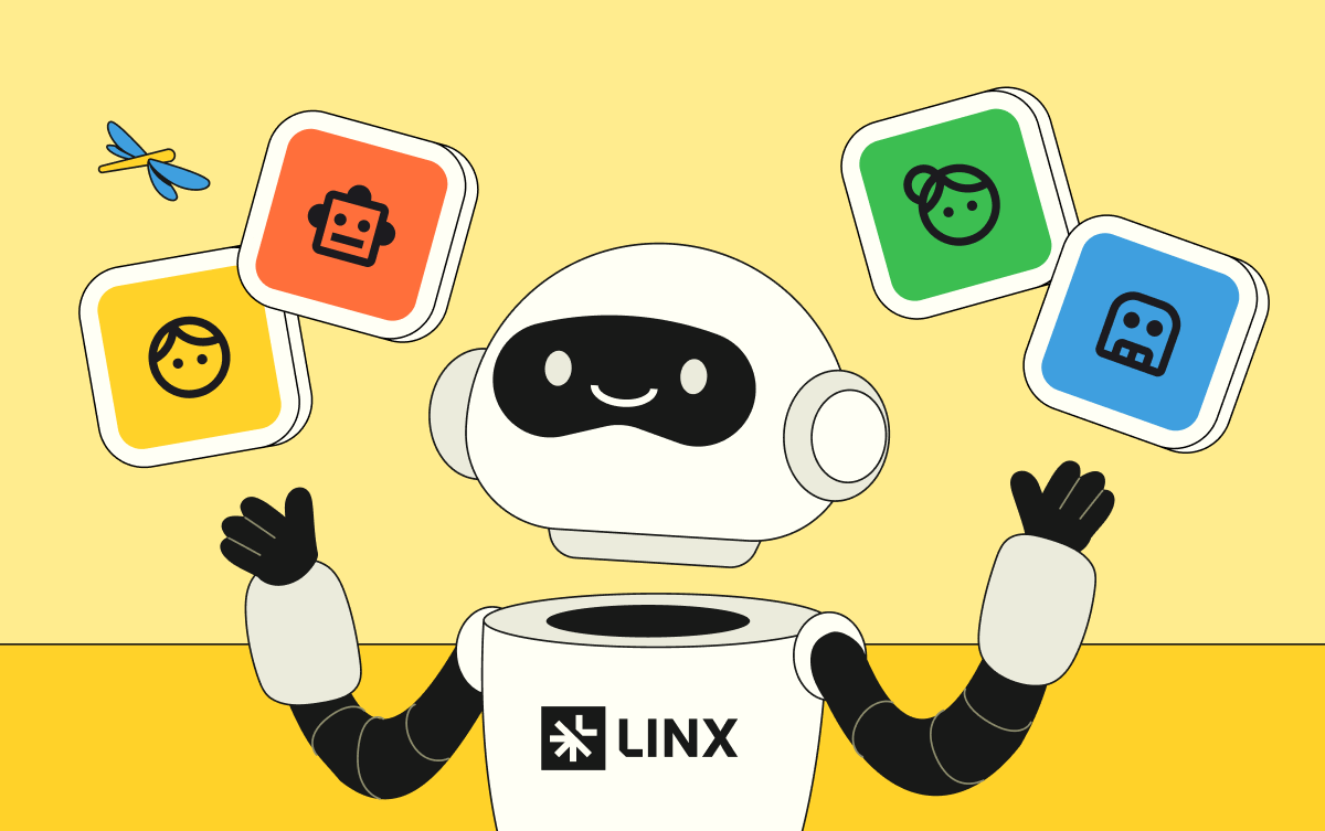 Linx-themed robot juggling different types of identities.