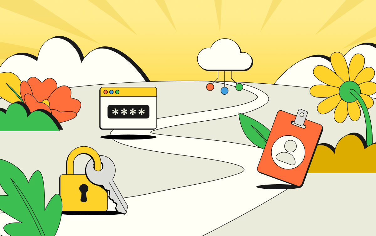 Roadmap of identity's evolution, with icons like a lock, ID badge, and login window