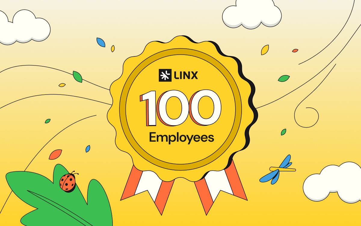 Gold ribbon that says Linx 100 Employees