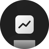 White square icon with a black upward trending graph line inside, on a dark circular background.