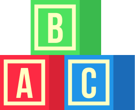 Three colorful children's blocks with letters A in red, B in green, and C in blue.