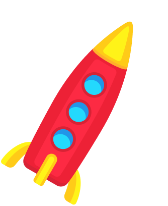 Red rocket ship with yellow nose cone, fins, and three blue circular windows.