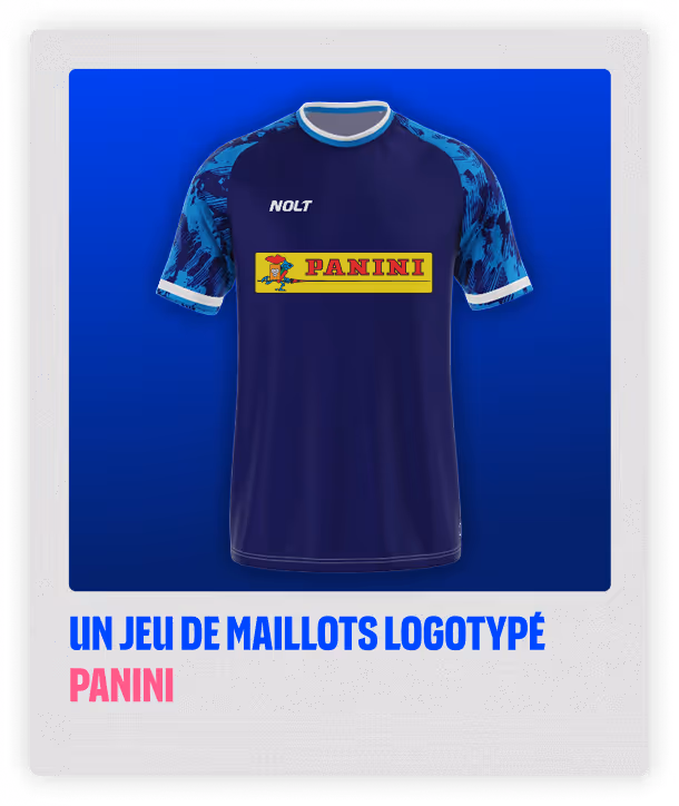 Dark blue soccer jersey with light blue patterned sleeves and a Panini logo on the chest.
