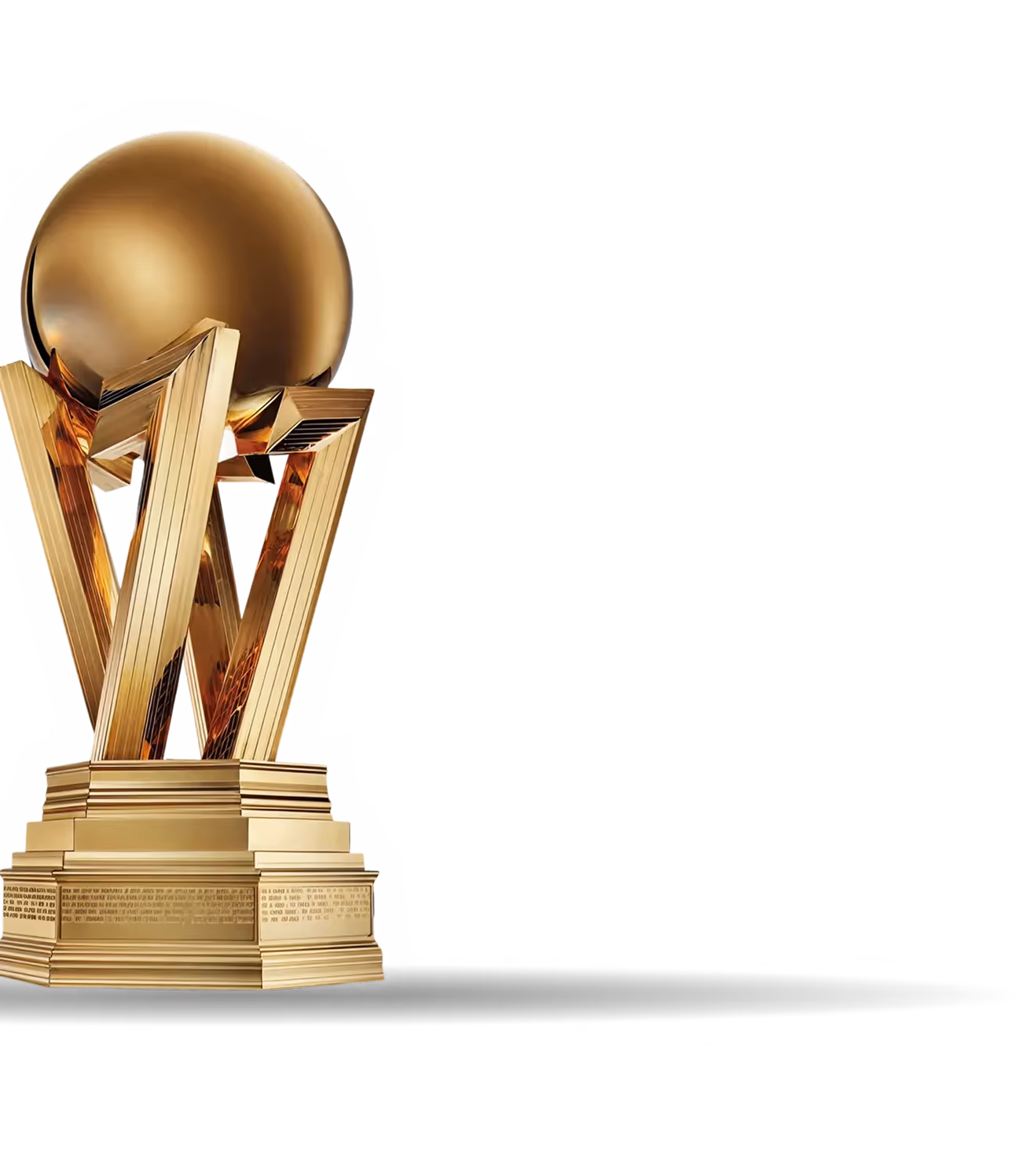 Golden basketball trophy with a large basketball on top supported by angular pillars and a square base.