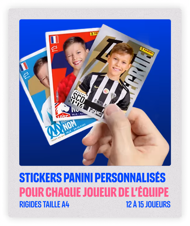 Hand holding three personalized Panini-style stickers featuring smiling young soccer players in different team jerseys against a blue background.