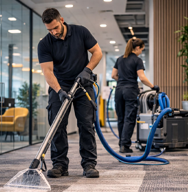 Two commercial cleaning professionals in black uniforms deep-cleaning carpet in a modern office space using industrial extraction equipment, with glass walls, warm lighting, and professional-grade hoses and machines visible in the background.