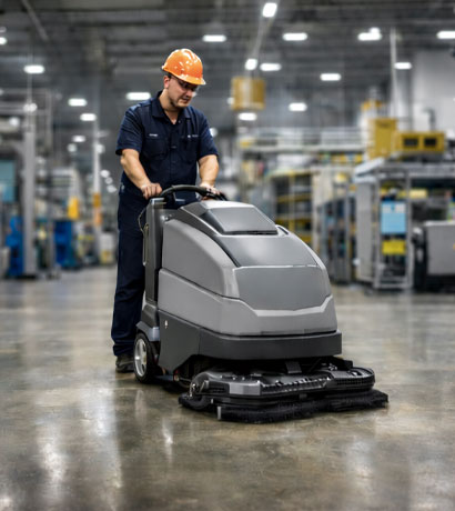 Industrial cleaning technician wearing a safety helmet and work uniform operating a ride-behind floor scrubber inside a large commercial warehouse with polished concrete floors and equipment in the background.