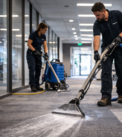Two commercial cleaning professionals deep-cleaning carpet in a modern office hallway using industrial extraction equipment, with glass-walled offices, professional machines, and bright overhead lighting throughout the workspace.
