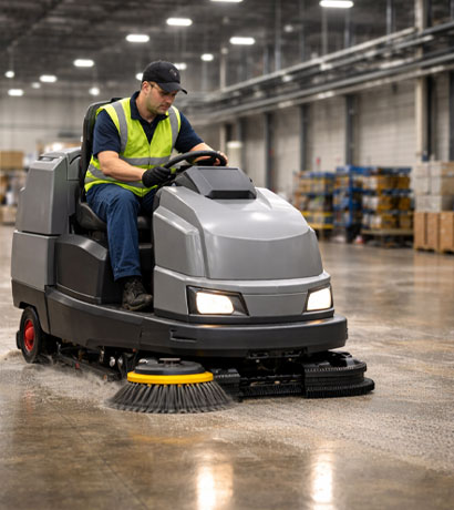 Commercial cleaning technician operating an industrial ride-on floor scrubber inside a large warehouse, with polished concrete floors, shelving, and industrial storage visible in the background.