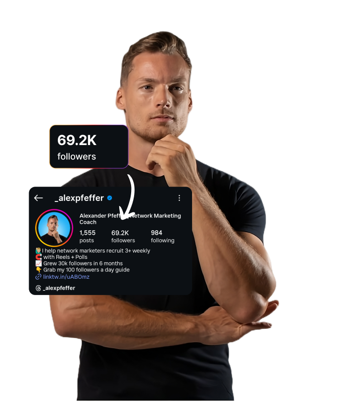 Man with crossed arms pointing to Instagram profile screenshot showing 50K followers on username _alexpfeffer.