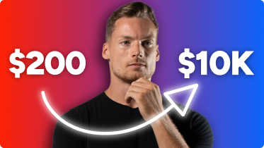 Man in a pink shirt with a red to blue gradient background, showing $200 on the left and $10K on the right connected by a curved arrow pointing upward.