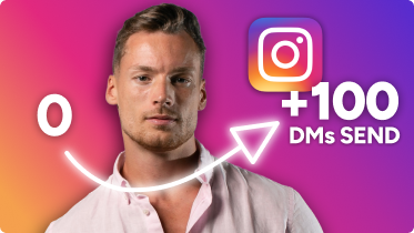 Man in a pink shirt with an arrow moving from 0 to 100+ Instagram followers, with a crowd silhouette in the background.