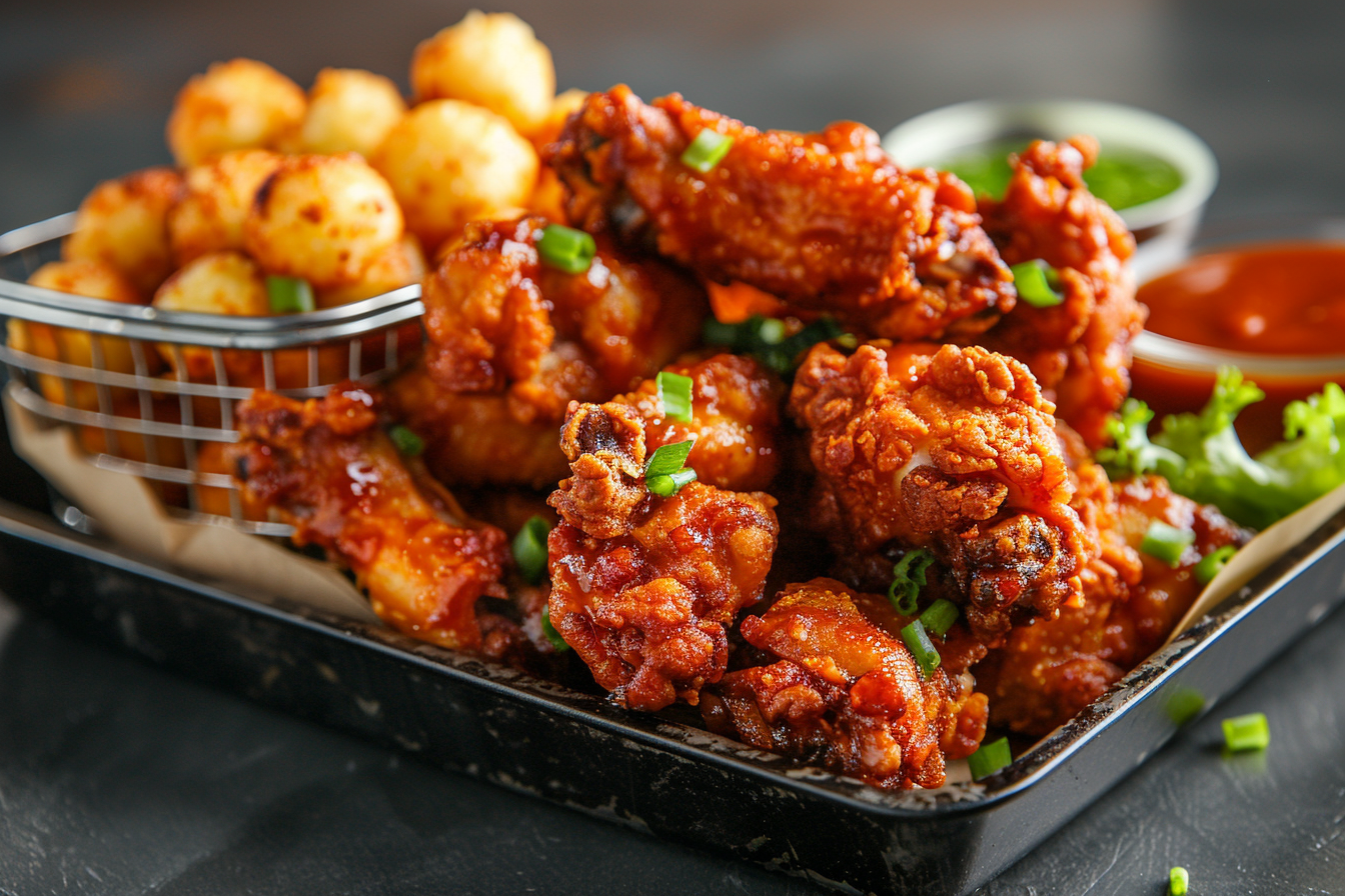 Wings and tater tots.